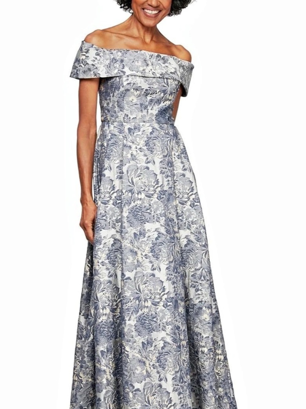 Alex Evenings Floral Brocade Off the Shoulder Gown Blue & White